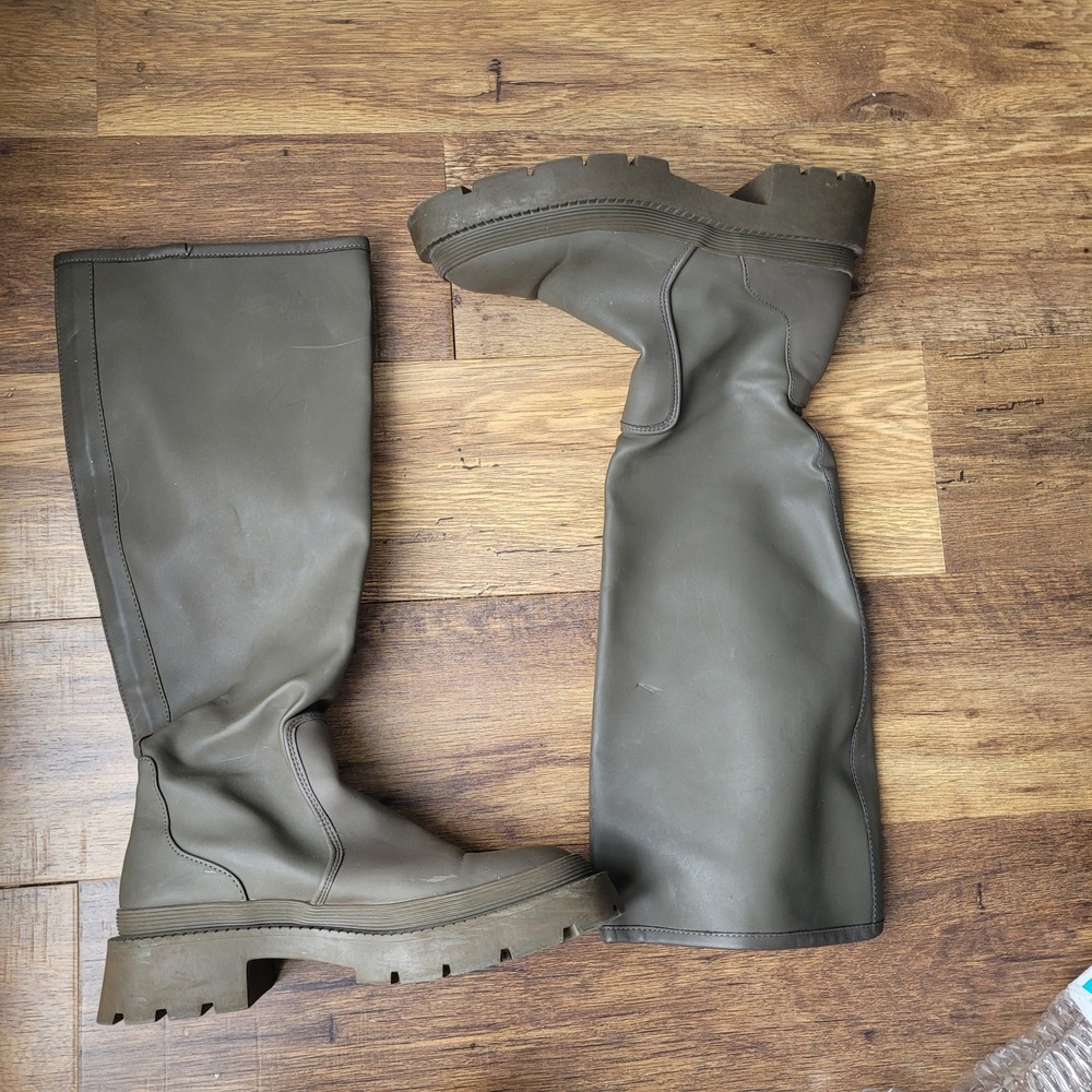 ZARA Women Olive Green Knee High Platform Chunky Sole Rain Boots Size 7.5/Eu 38 - Picture 9 of 13